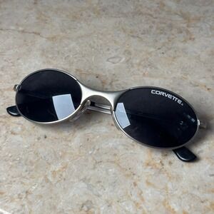 Corvette Sunglasses OS Silver Oval Metal Frame Black Lens Vintage Y2K Racing